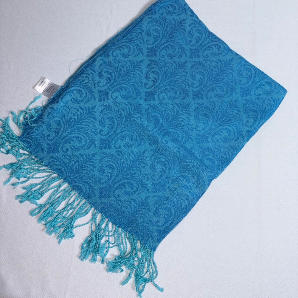 Pashmina Scarf wrap rayon Turquoise Blue Damask Paisley Fringe 24 x 64"